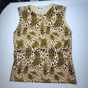Joseph A. Woman Sleeveless Pullover Knit Top, Silk,Animal Print Tan Olive  Large